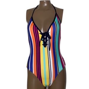 Nautica Multi Colored Halter Plunge Lace Up Neckline Swimsuit